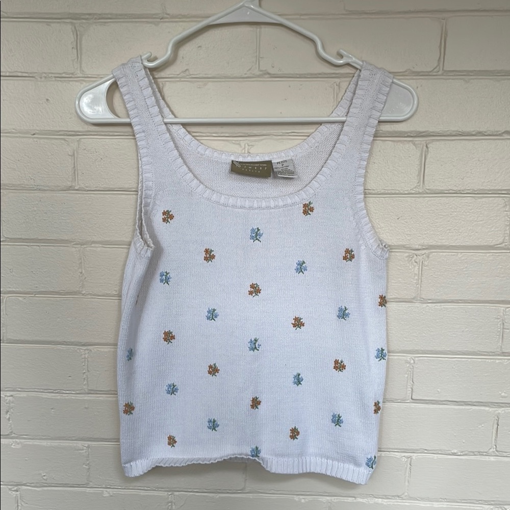 Vintage White Knit Tank with Floral Accents